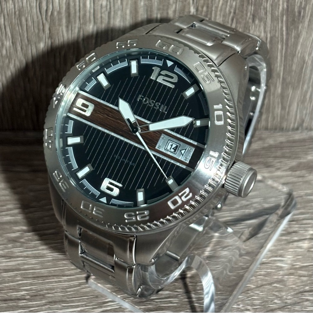 Black Fossil Wood Stainless Steel Men’s Watch With New Battery